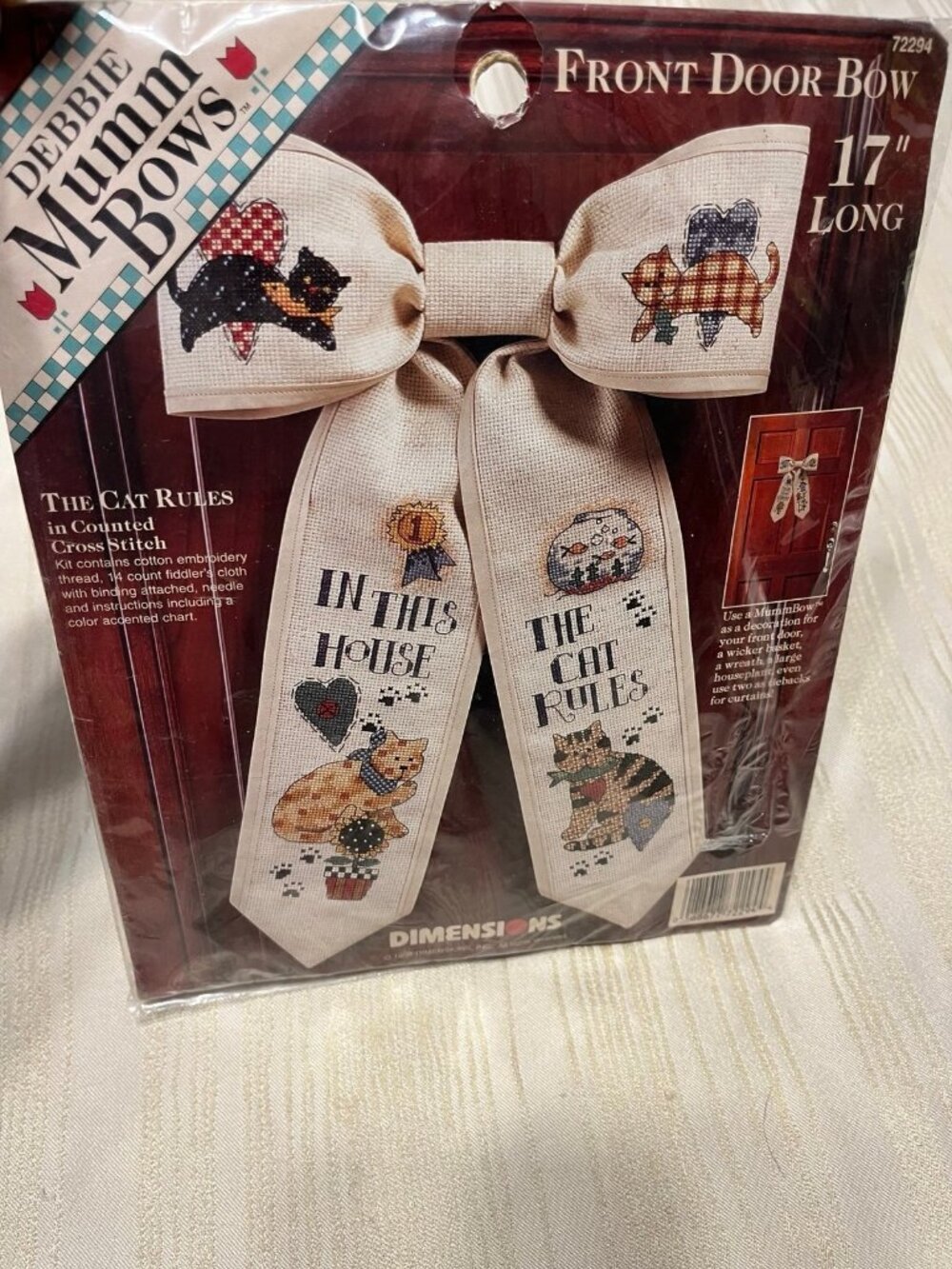 Dimensions: THE CAT RULES Front Door Bow 17" Cross Stitch Kit #72294 Debbie Mumm